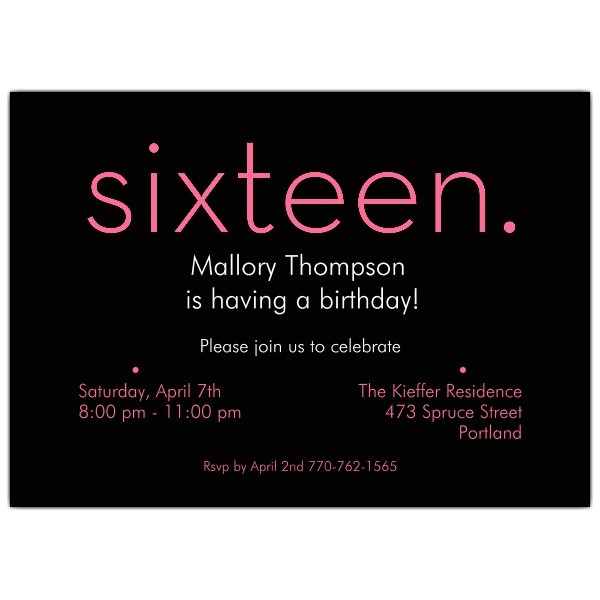 16th Birthday Party Invitations Templates Free Sixteen Pink On Black 16th Birthday Invitations