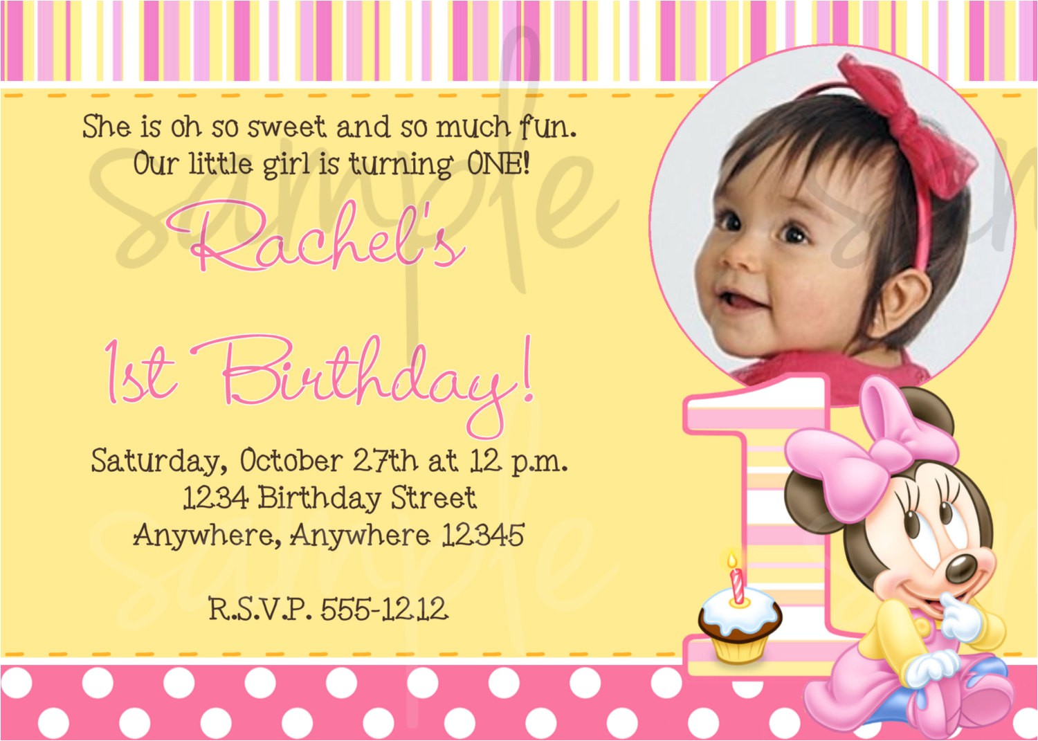 1st Birthday Invitation Sample Minnie Mouse 1st Birthday Invitation
