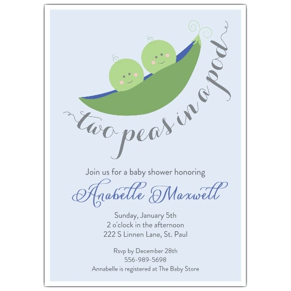 2 Peas In A Pod Baby Shower Invitations Two Peas In the Pod Blue Baby Shower Invitations