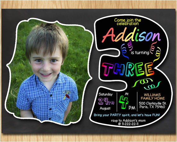 3rd Birthday Invitation Wording Boy 3rd Birthday Invitation Chalkboard Invite Rainbow Colors