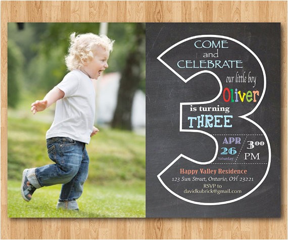3rd Birthday Invitation Wording Boy Chalkboard 3rd Birthday Invitation with Picture Third