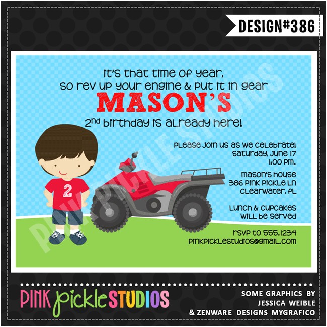 4 Wheeler Birthday Invitations 4 Wheeler Personalized Party Invitation