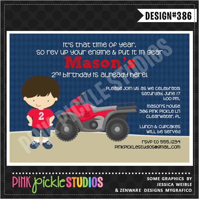 4 Wheeler Birthday Invitations 4 Wheeler Personalized Party Invitation