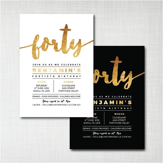 40th Birthday Invitation Ideas Items Similar to 40th Birthday Invitation Modern Gold Foil