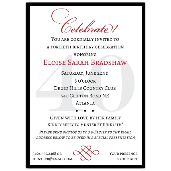 40th Birthday Invite Wording for Her Classic 40th Birthday Celebrate Milestone Invitations
