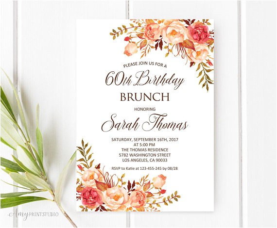 60th Birthday Brunch Invitations Birthday Brunch Invitation 60th Birthday Invitation Fall