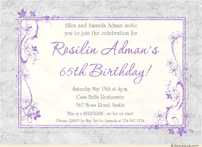 65th Birthday Invitation Verses Lavender Birthday 65th Party Invitation soft Gray Custom