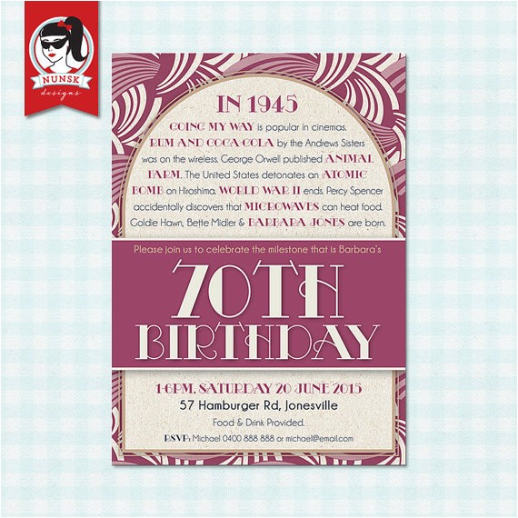 70th Birthday Invitations for Female 70th Birthday Party Invitations 1945 Women S Fun