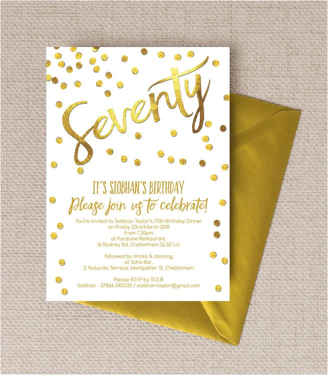 70th Birthday Invitations for Her Gold Calligraphy Confetti 70th Birthday Party Invitation