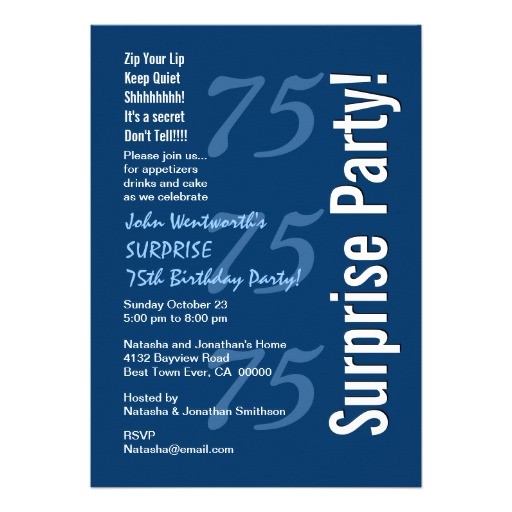 75th Surprise Birthday Invitations Surprise Modern 75th Birthday Navy Blue and White 5×7