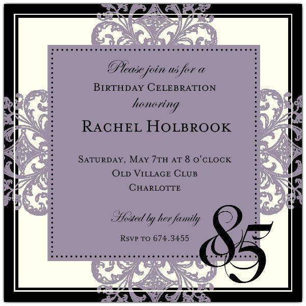 85 Year Old Birthday Invitations Decorative Square Border Eggplant 85th Birthday