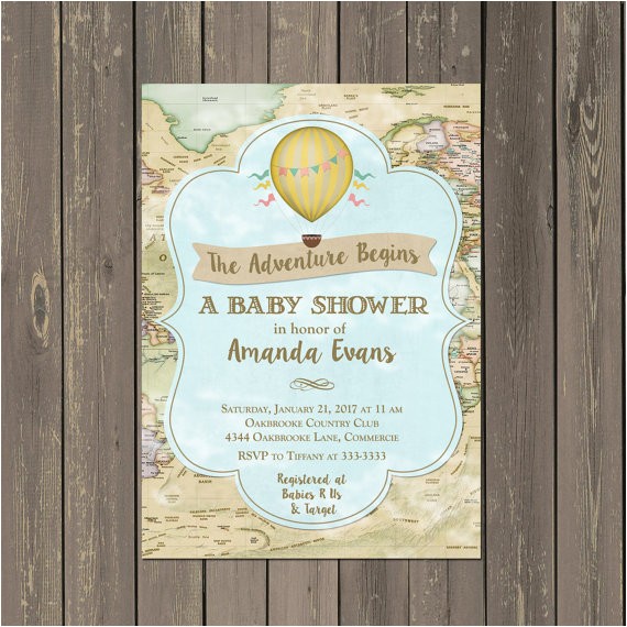 Adventure themed Baby Shower Invitations World Adventure Baby Shower Invitation Hot Air Balloon