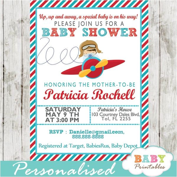 Airplane themed Baby Shower Invitations Red & Turquoise Little Pilot Baby Shower Invitation Boys