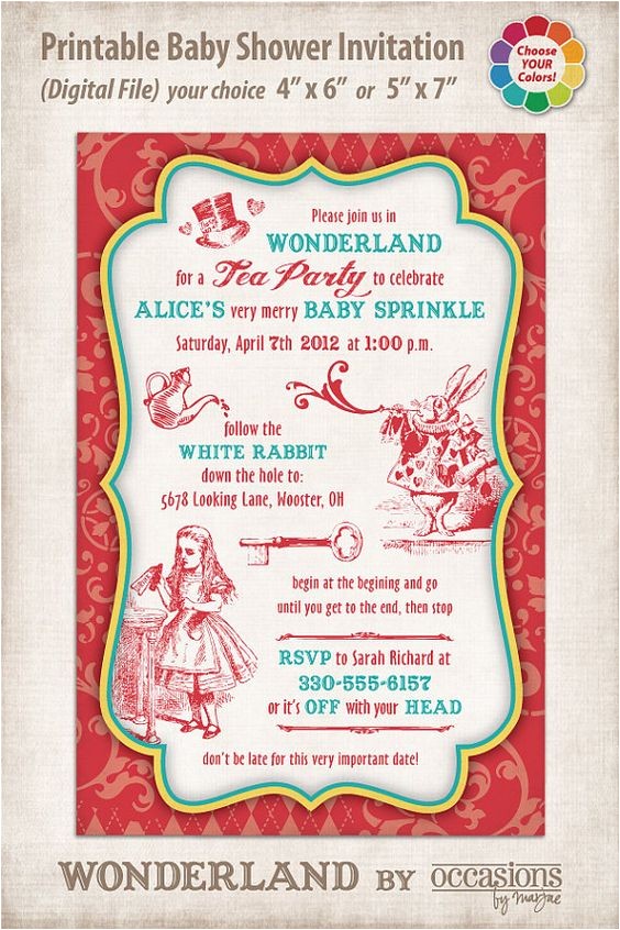 Alice and Wonderland Baby Shower Invitations Alice In Wonderland Personalized Printable Baby Shower