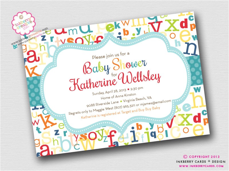 Alphabet Baby Shower Invitations Colorful Abc Alphabet Baby Shower Invitation by Inkberrycards