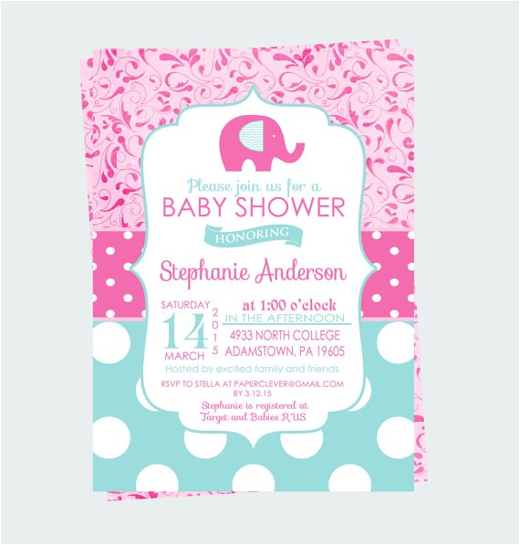 Aqua and Pink Baby Shower Invitations Aqua and Pink Shower Invitations Elephant Baby Girls