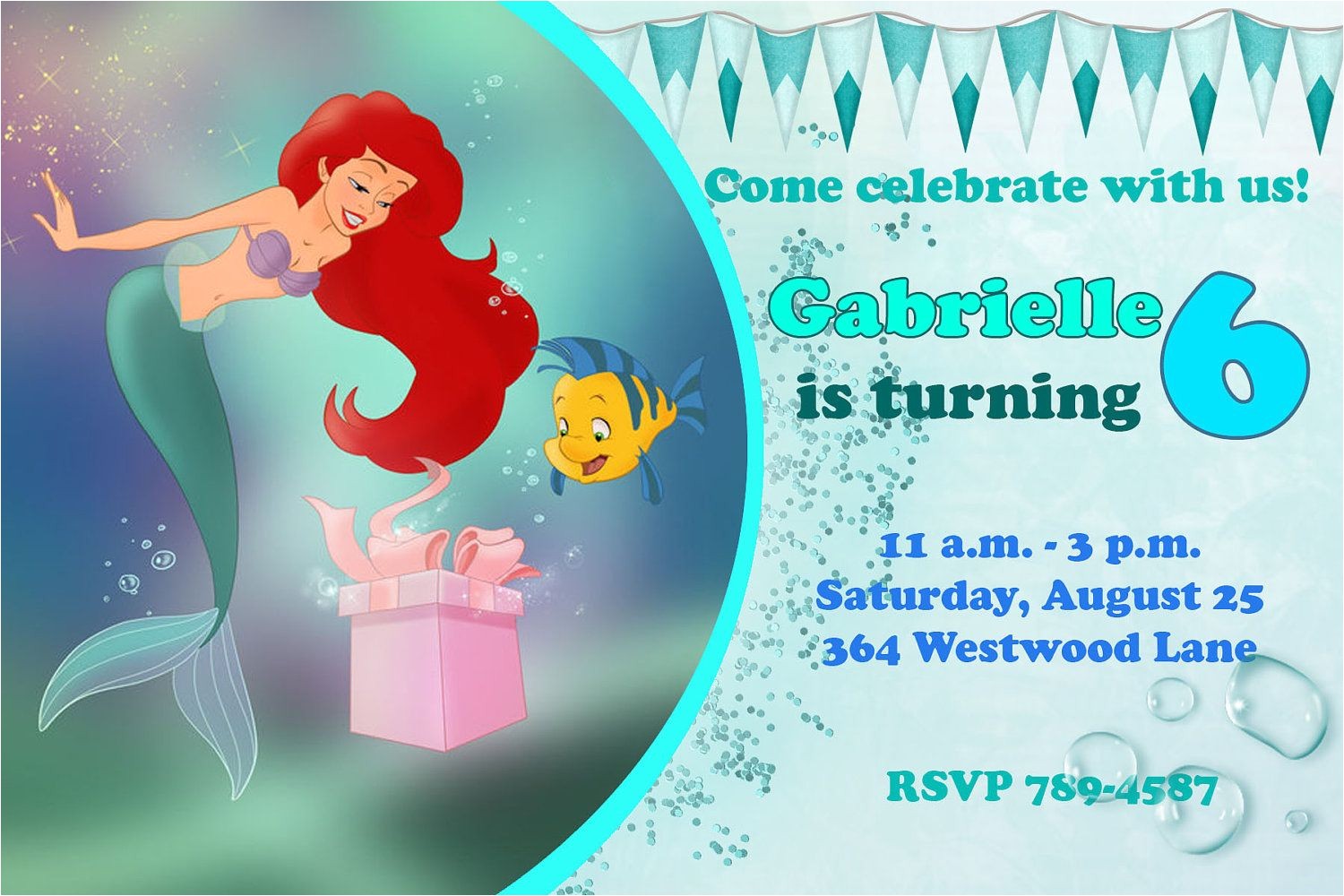 Ariel Birthday Invitations Printable Ariel the Little Mermaid Happy Birthday Party Invitation