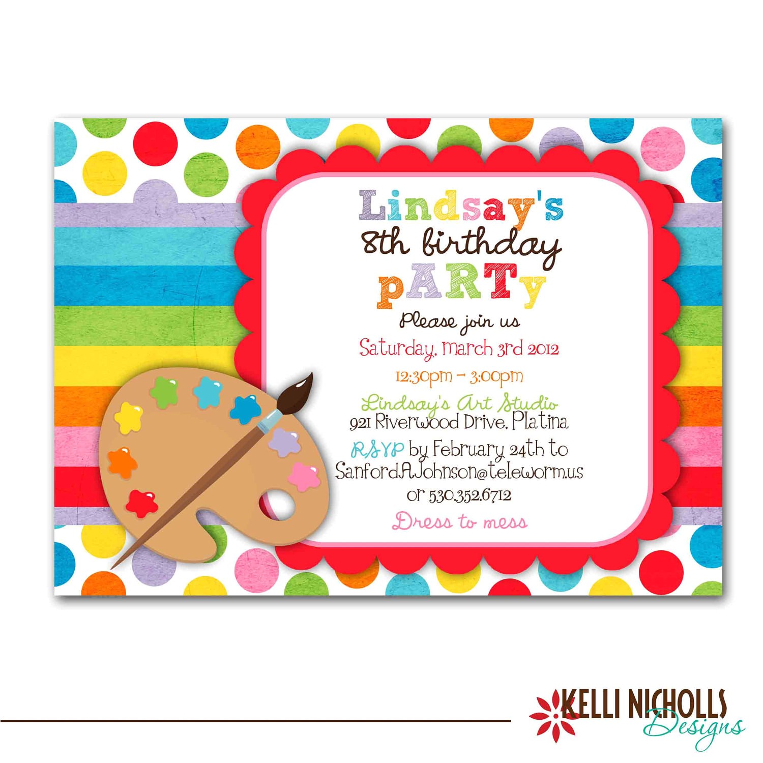 Art themed Birthday Party Invitation Wording Art Birthday Party Invitation Bright Colors Custom for