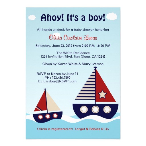 Baby Boy Shower Invitations Nautical theme Nautical Sailboat Baby Boy Baby Shower Invitation 5" X 7