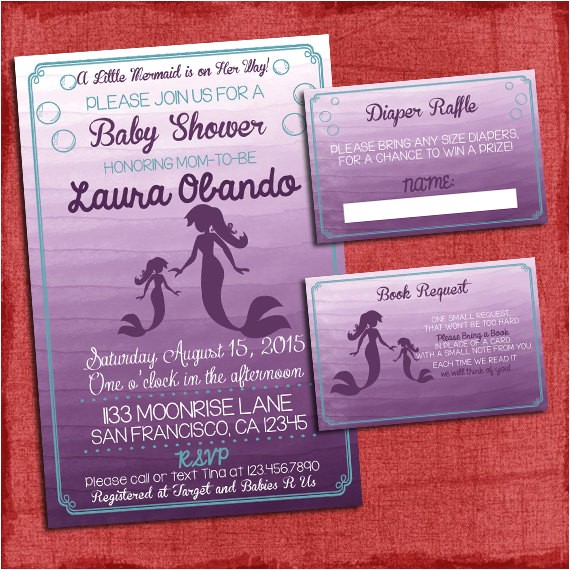 Baby Shower Invitations with Diaper Raffle and Book Request Mermaid Baby Shower Invitation Set Invite Diaper Raffle