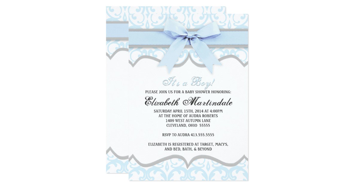 Baby Shower Invitations with Ribbon Damask Heart Blue Ribbon Baby Shower Invitation