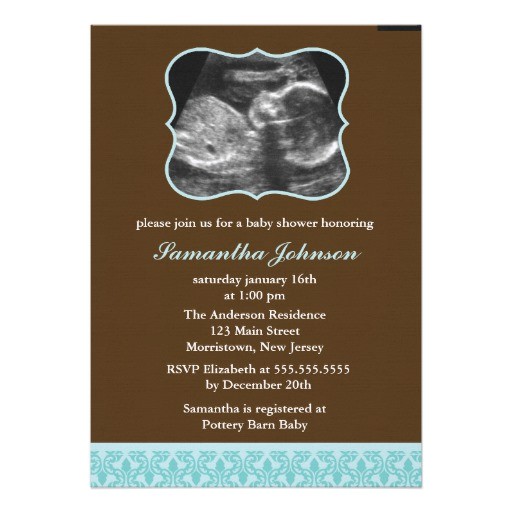 Baby Shower Invitations with Ultrasound Picture Blue Damask Pattern sonogram Baby Shower 5×7 Paper