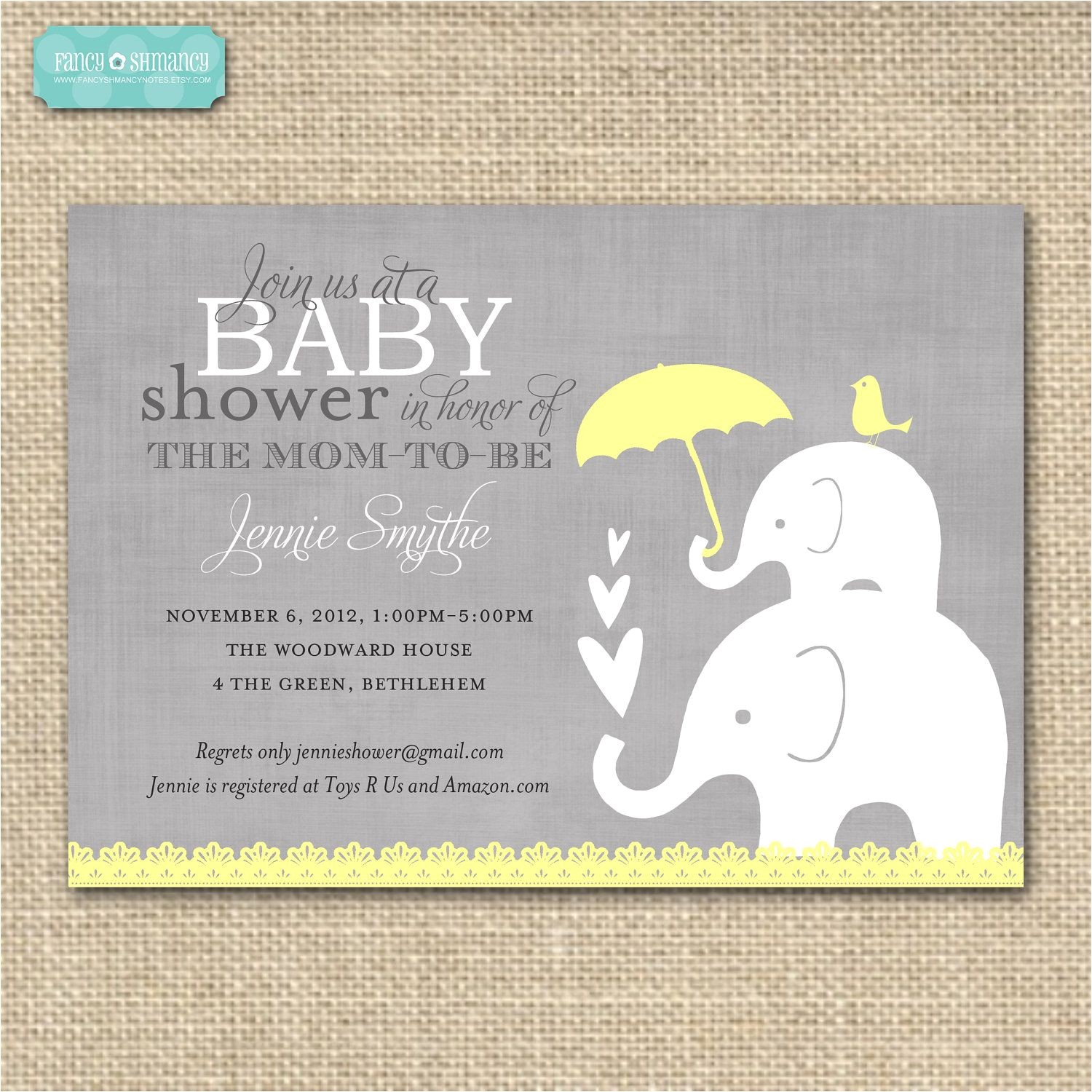 Baby Shower Invits Baby Shower Invitation Elephant Yellow and Grey Printable