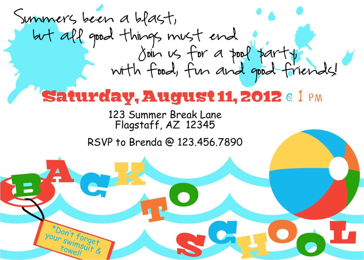 Back to School Pool Party Invitation Printable Back to School Pool Party Invite by Luvbugdesign