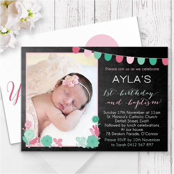 Birthday and Baptism Invitation Chalkboard Ballons and Bunting Girl Party Invitation