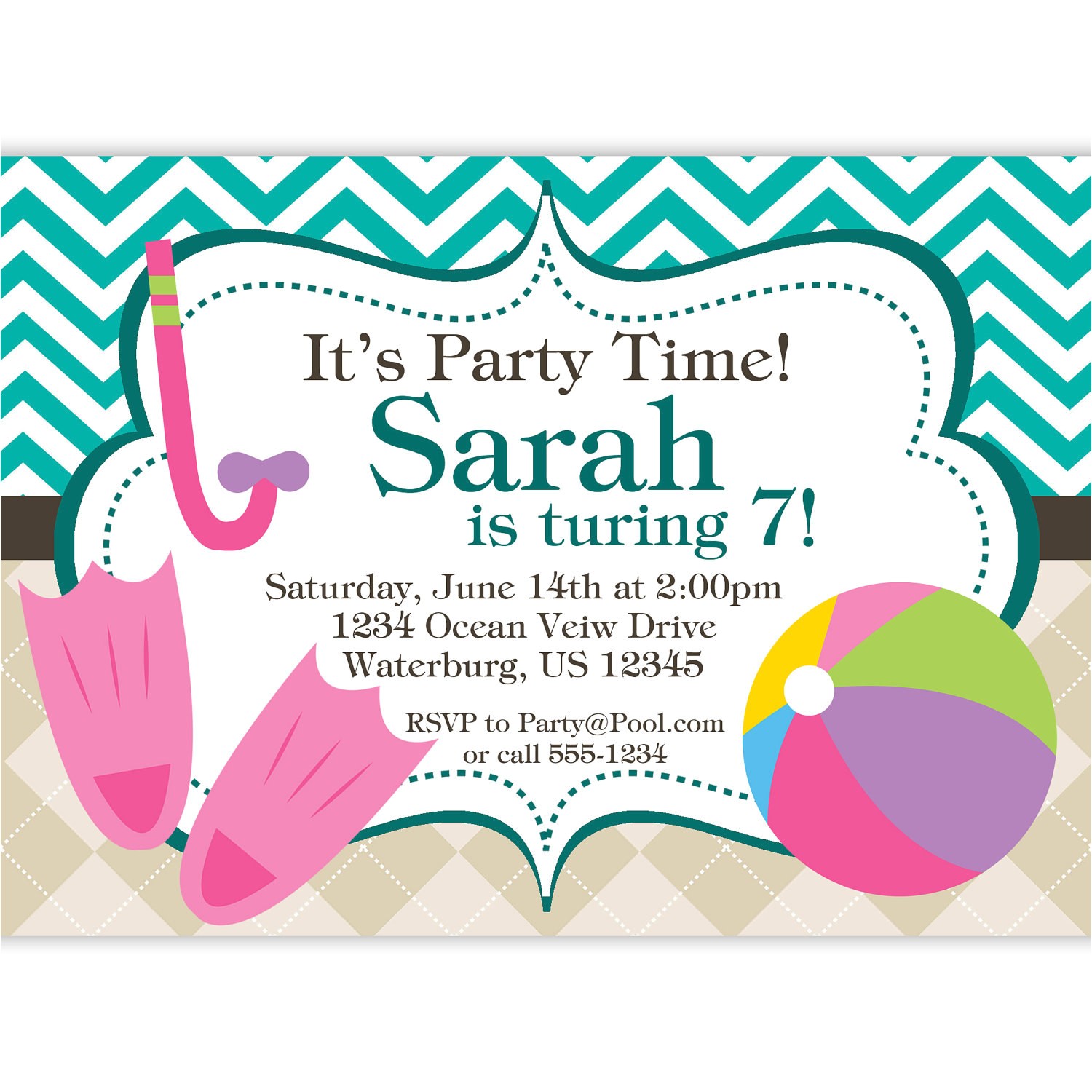 Birthday Invitation with Dress Code Pool Party Invitation Teal Chevron and Tan Argyle Beach