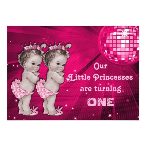 Birthday Invitations for Twins First Birthday Princess Twins Pink Disco Ball 1st Birthday 5×7 Paper