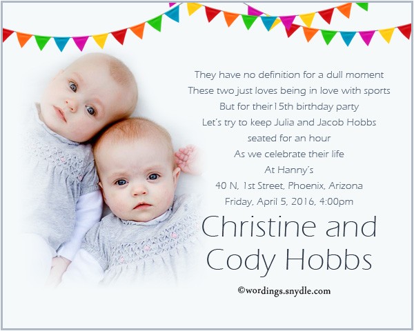 Birthday Invitations for Twins First Birthday Twin Birthday Party Invitation Wording Wordings and Messages