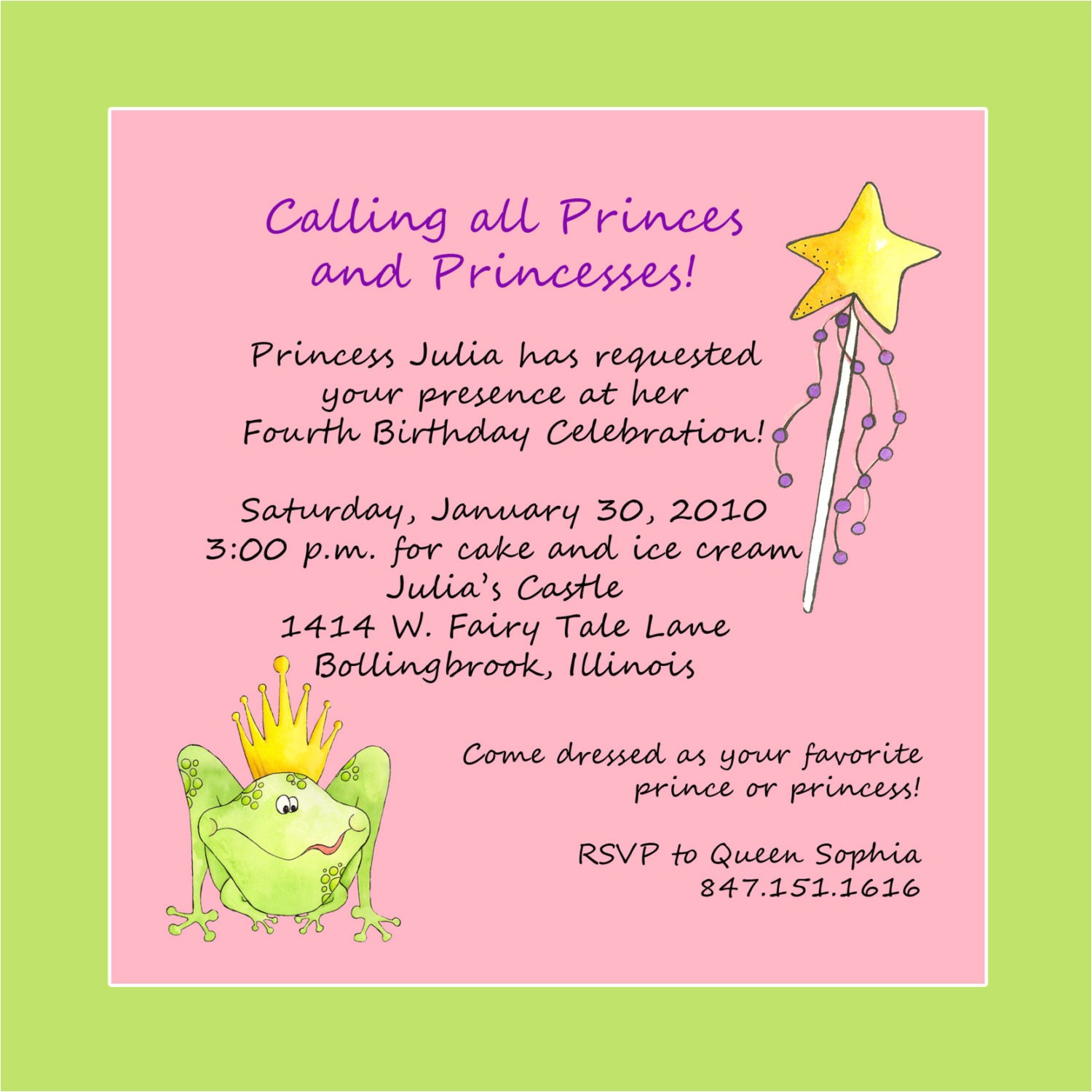 Birthday Invite Wording Princess theme Birthday Party Invitation Custom Wording