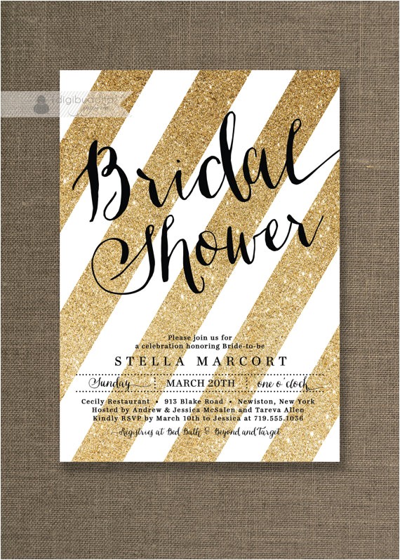 Black and Gold Bridal Shower Invitations Black &amp; Gold Bridal Shower Invitation Glitter Stripes Metallic