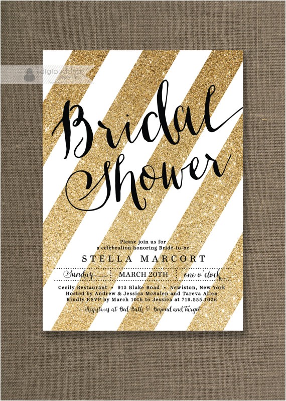 Black White and Gold Bridal Shower Invitations Black & Gold Bridal Shower Invitation Glitter Stripes Metallic