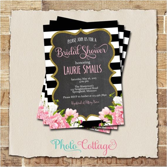 Black White and Gold Bridal Shower Invitations Bridal Shower Invitation Glitter Gold Invitation Peony