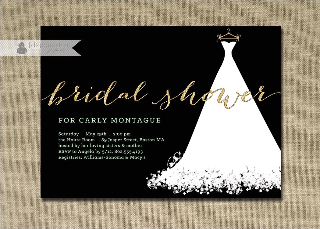 Black White and Gold Bridal Shower Invitations Gold Glitter Bridal Shower Invitation Wedding Gown Mint Green