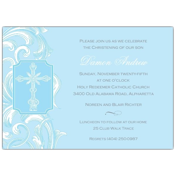 Blank Sample Of Baptismal Invitation Christening Cross Scroll Blue Baptism Invitations