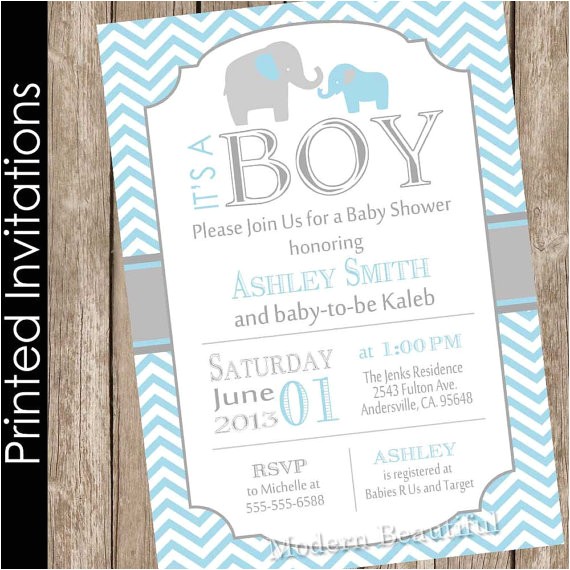 Blue and Gray Elephant Baby Shower Invitations Printed Boy Elephant Baby Shower Invitation Blue and Grey