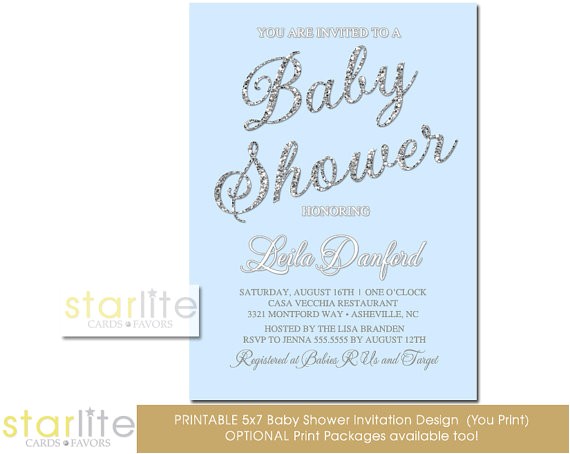 Blue and Silver Baby Shower Invitations Baby Boy Shower Invitation Blue and Silver Glitter