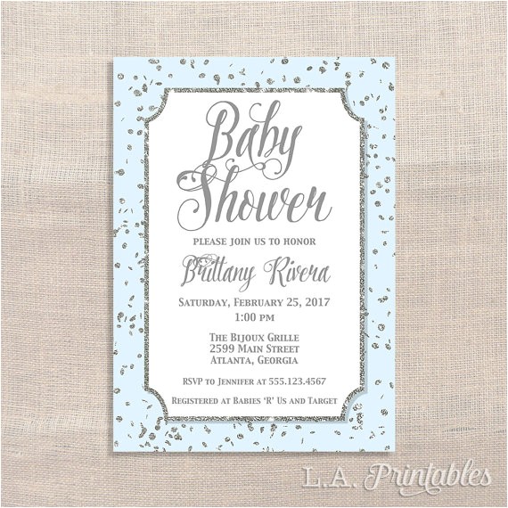 Blue and Silver Baby Shower Invitations Blue and Silver Baby Shower Invitation Silver Glitter