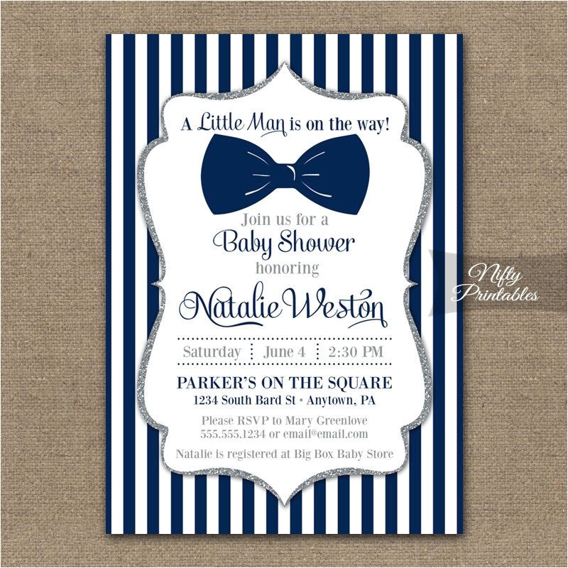 Blue and Silver Baby Shower Invitations Bow Tie Baby Shower Invitations Printable Navy Blue