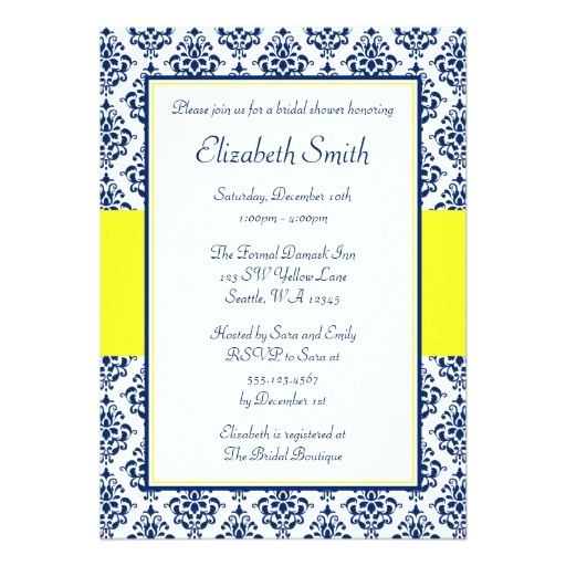 Blue and Yellow Bridal Shower Invitations Navy Blue and Yellow Damask Bridal Shower 5×7 Paper