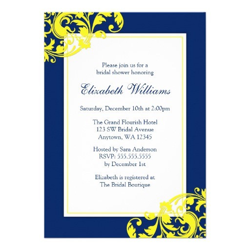 Blue and Yellow Bridal Shower Invitations Navy Blue and Yellow Flourish Swirls Bridal Shower 5" X 7