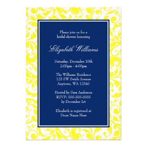 Blue and Yellow Bridal Shower Invitations Navy Blue and Yellow Swirls Damask Bridal Shower