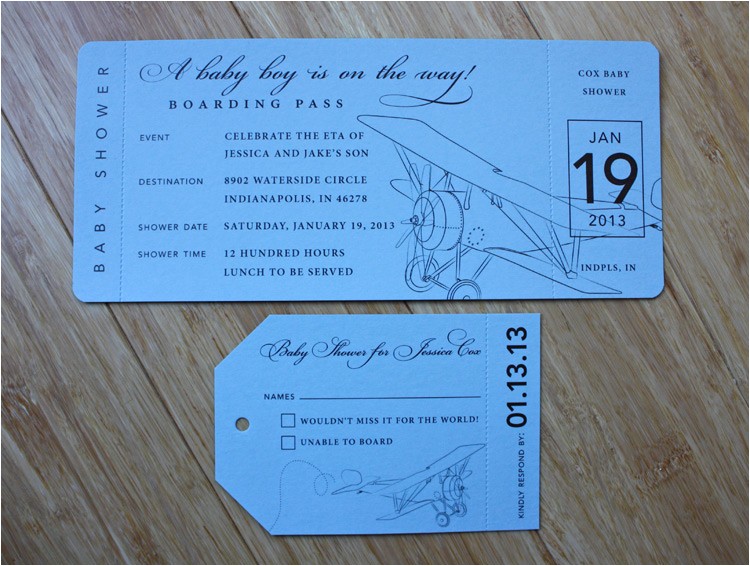 Boarding Pass Baby Shower Invitations Baby Blue & Brown Vintage Airplane Boarding Pass Baby