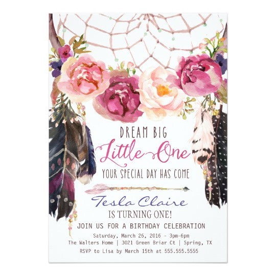 Boho Chic Birthday Invitation Template Boho Floral Dreamcatcher Watercolor First Birthday Card