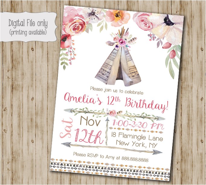 Boho Chic Birthday Invitations Boho Chic Birthday Invitation Teepee Tribal Invitation