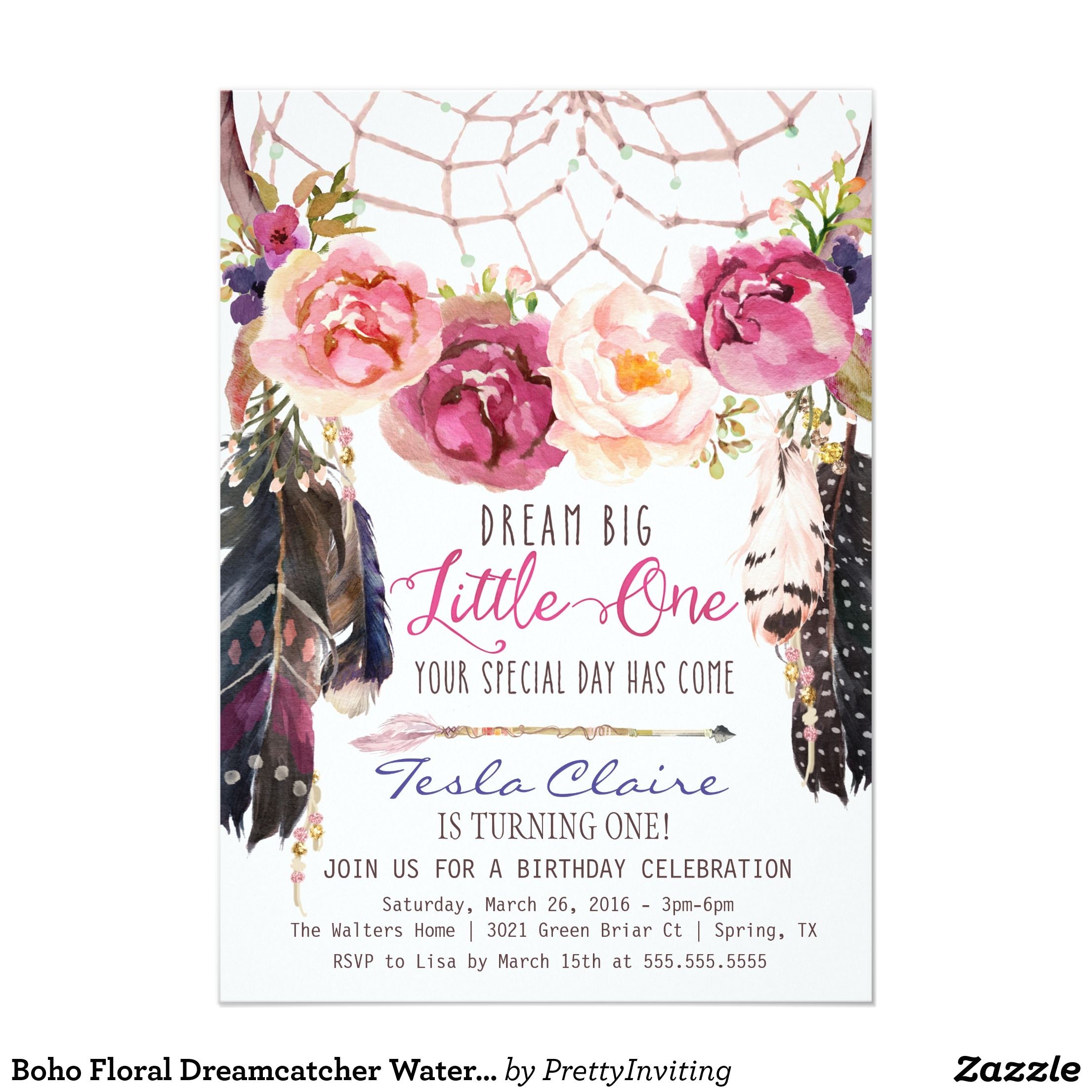 Boho Chic Birthday Invitations Boho Floral Dreamcatcher Watercolor First Birthday Card