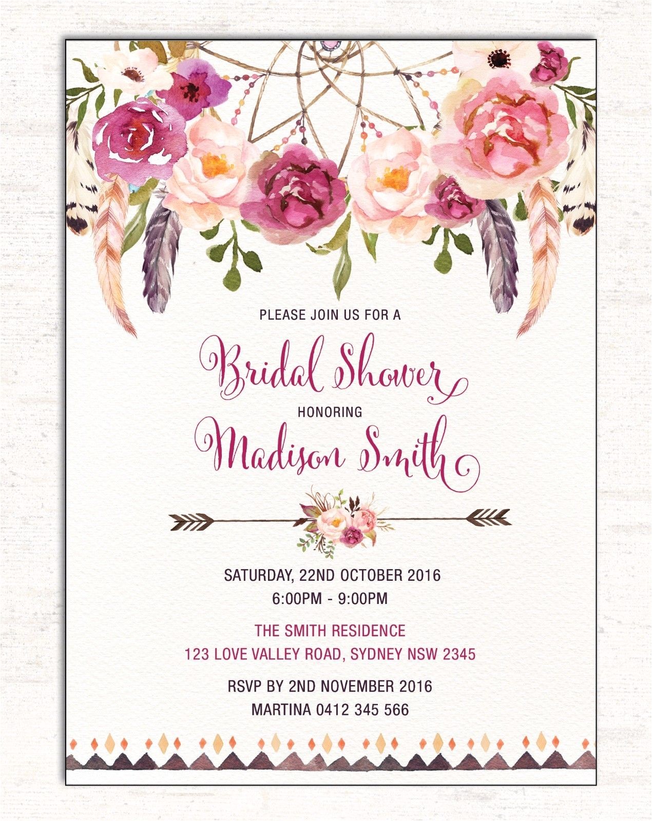 Bridal Shower Invitations Australia Boho Bridal Shower Invitation Floral Invite Dreamcatcher